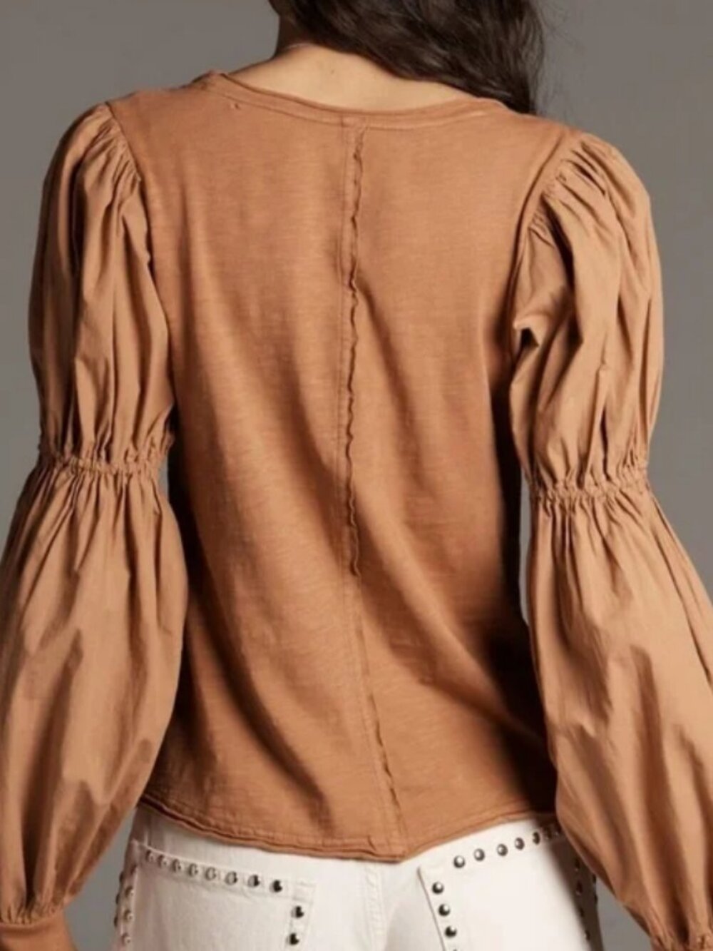 Pilcro | Anthropologie | NWT Banded Puff Long Sleeve Cotton Top in Camel | Sz S - Picture 2 of 3